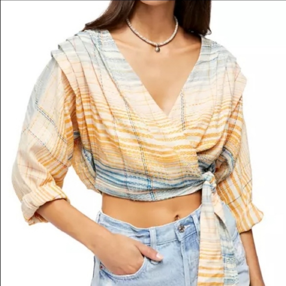 NWT Free People Yellow & Blue Wrap Crop Top
